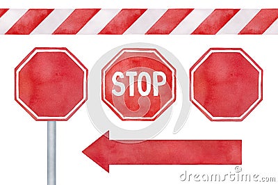 `Stop Sign` collection with text and blank sign variation, bright arrow and seamless repeatable border with diagonal stripes. Cartoon Illustration