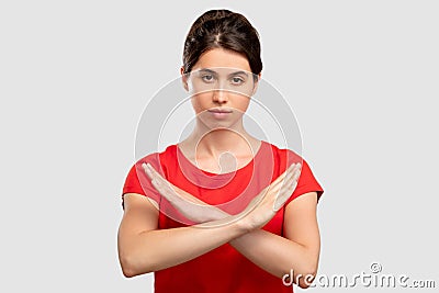 Stop sign forbidden gesture woman crossing hands Stock Photo