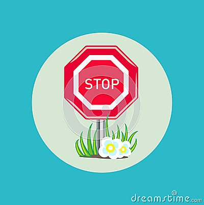 Stop sign with grass and flowers flat design Vector Illustration