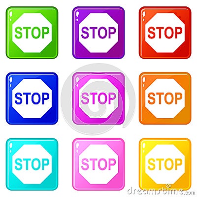 Stop sign icons 9 set Vector Illustration