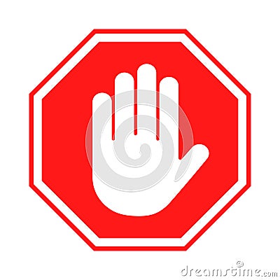 Stop sign. Red forbidding sign with human hand in octagon shape. Stop hand gesture, do not enter, dangerous Vector Illustration