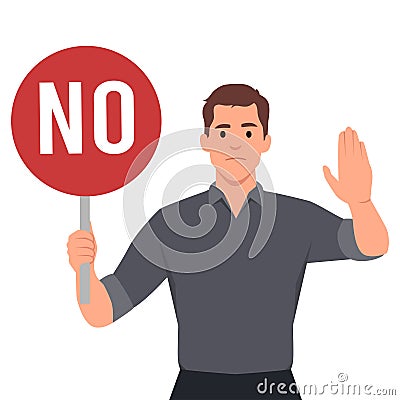 Stop sign and rejection concept. Young serious man cartoon character standing with red sign stop in hands and showing his palm Cartoon Illustration