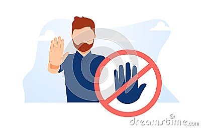Stop sign vector illustration. Flat tiny prohibition no gesture person concept. Symbolic warning, danger or safety Vector Illustration