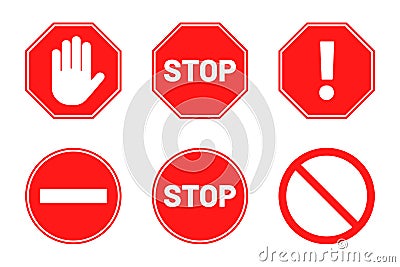 Stop signs collection. Red stop signs in octagon and round shape. Traffic warning and prohibiting icons with hand, text and Vector Illustration