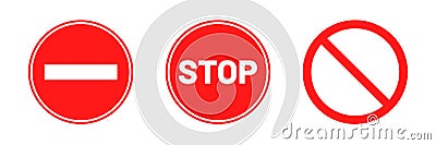 Stop signs collection. Red stop signs in round shape. Traffic warning and prohibiting icons with hand, text and exclamation mark Vector Illustration