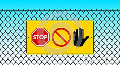 Stop signs at the yellow plate on the metal grid fence background. Flat vector illustration isolated on white Vector Illustration
