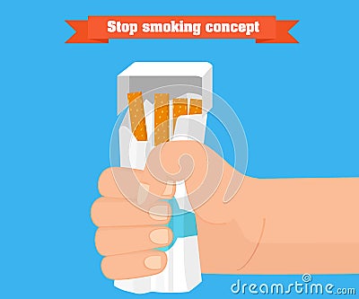 Stop smoking concept. Hand crushing a packet of cigarettes vector. Vector Illustration