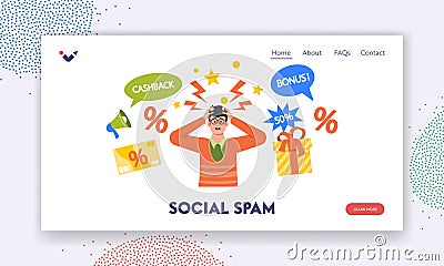 Stop Social Spam Landing Page Template. Disturbed Man Character Confused by Excessive Promotional Offers, Cashback Vector Illustration