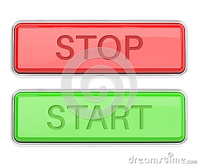 Stop and Start buttons. Red and green glass buttons. Square web icons. 3d rendering illustration isolated Cartoon Illustration