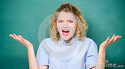 Stop studying. girl teacher at school lesson. back to school. Girl likes studying. knowledge day. empty blackboard Stock Photo