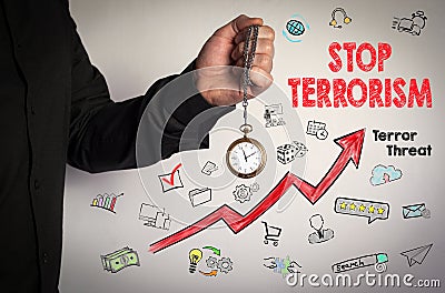 Stop terrorism concept. Red Arrow and Icons Around. Man holding chain clock on white background Stock Photo