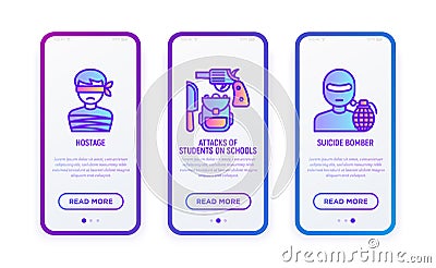 Stop terrorism thin line icons set: hostage, backpack, knife, weapon, bomber. Vector illustration for user mobile interface Vector Illustration