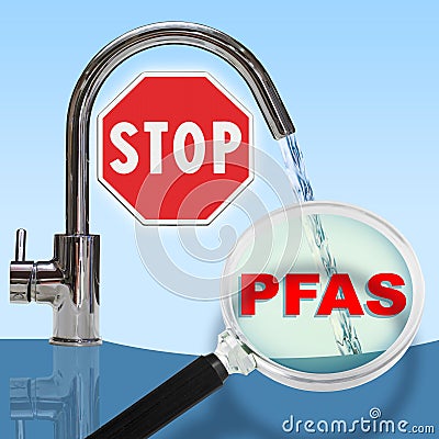 STOP to PFAS Contamination of Drinking Water - Concept with magnifying glass and faucet - Alertness about dangerous PFAS Stock Photo
