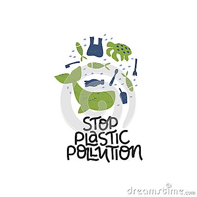 Stop plastic pollution hand drawn lettering. Ocean contamination, environmental problems Stock Photo