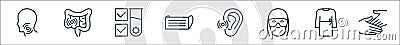 Stop virus line icons. linear set. quality vector line set such as hands, robe, face protection, hear, mask, test tube, stomach Vector Illustration