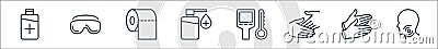 Stop virus line icons. linear set. quality vector line set such as sore throat, rubber gloves, hands, thermal, sanitizer, toilet Vector Illustration