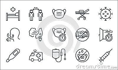 stop virus line icons. linear set. quality vector line set such as syringe, dropper, temperature, mask, emergency, nose, handshake Vector Illustration