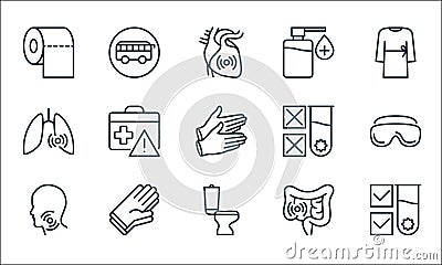 Stop virus line icons. linear set. quality vector line set such as test tube, restroom, sore throat, stomach, rubber gloves, lungs Vector Illustration