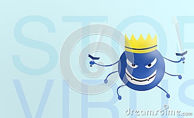 Stop virus - word Corona virus cartoon blue with sword isolated with color background. covid-19. Virus illustration. bad face of Cartoon Illustration