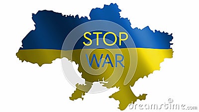 Stop war - animated text slogan against the background of the map of Ukraine. Stock Photo
