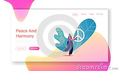 Stop War Pacific Landing Page Template. Tiny Female Character Carry Huge Peace Symbol. Hippie or Pacifist Girl Vector Illustration