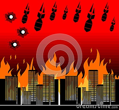 Burning city under bombs Vector Illustration