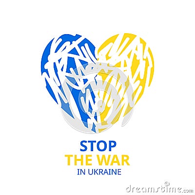 Stop the war in Ukraine inscription, Patriotic Ukraine heart flag shape vector icon. Ukrainian country symbols in blue Vector Illustration