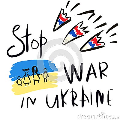 Stop war in Ukraine- russian rockets and ukrainian kids, with text and flags isolated on white, war Stock Photo