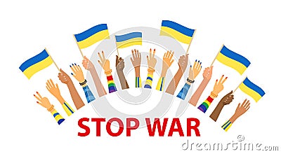 Stop War Ukraine. World peace. Hand hold flag of ukraine, peace sign. Vector illustration Vector Illustration