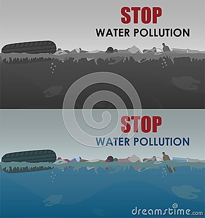 Stop water pollution illustration. Stock vector. Different garbage and slime in the water. Eco concept. Vector Illustration
