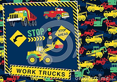 Stop! work trucks ahead. Vector Illustration