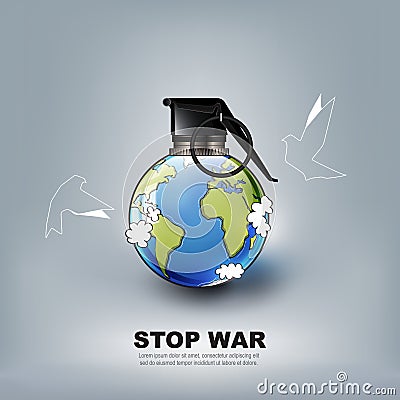 Stop world war concept advertisement, no war in form of hand grenade bomb and flying dove, vector illustration Vector Illustration