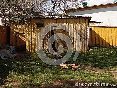 Stopped, abandoned work on chopping firewood against the backdrop of a bright yellow barn Stock Photo