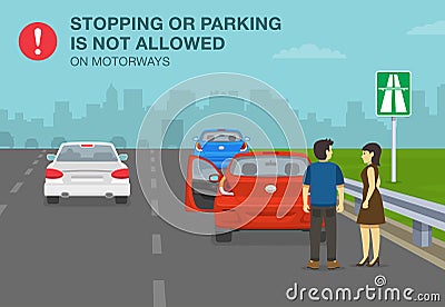 Stopping or parking a vehicle on an expressway is not allowed. Two stopped drivers on a highway talking each other. Vector Illustration