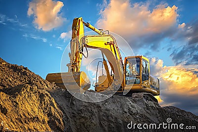 A stopping yellow excavator at an incredibly sunset Stock Photo