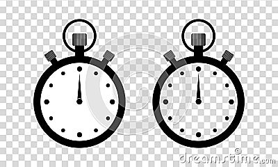 Stopwatch icon. Timer and clock with countdown time. Round for meter speed and stop. Chrono watch with ui for cooking and sport. Vector Illustration