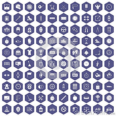 100 stopwatch icons hexagon purple Vector Illustration