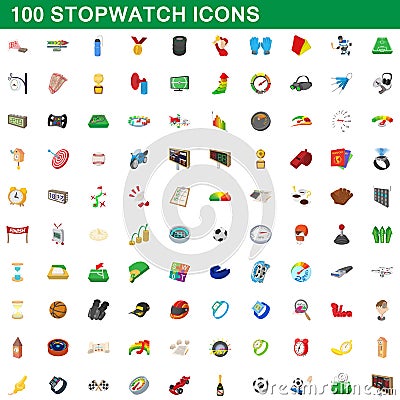 100 stopwatch icons set, cartoon style Vector Illustration