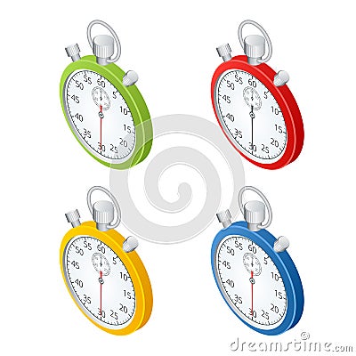 Stopwatch. Set of timers. Time to work. Time is running out. Clock, Stopwatch soaring up. Vector 3d isometric Cartoon Illustration
