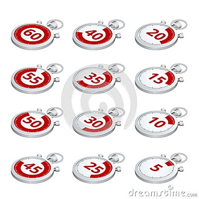 Stopwatch. Set of timers. Time to work. Time is running out. Clock, Stopwatch soaring up. Vector 3d isometric Vector Illustration