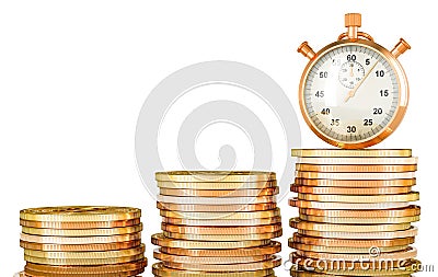 Stopwatch with stacks of growing gold coins. Time is money concept, 3D rendering Stock Photo