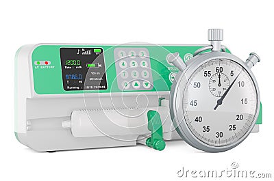 Stopwatch with syringe infusion pump, 3D rendering Stock Photo