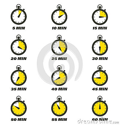 Stopwatch with time pie chart. Countdown timer, timing measurement, cooking, exercising, circle clock counter Vector Illustration