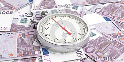 Stopwatch, timer on euro banknotes background. 3d illustration Cartoon Illustration