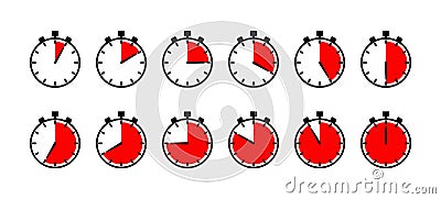Stopwatches icons. Countdown timer set. Timer in circle shape. Round clocks with different minutes Vector Illustration