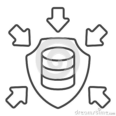 Storage array on shield with arrows thin line icon, data protection concept. Vector graphics. Hard disks, data under Vector Illustration