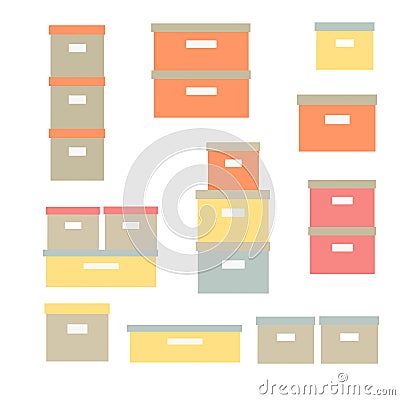 Storage boxes vector icon set. Stacked cardboard storage boxes with closed lid. Packaging collection. Vector illustration. Closet Vector Illustration