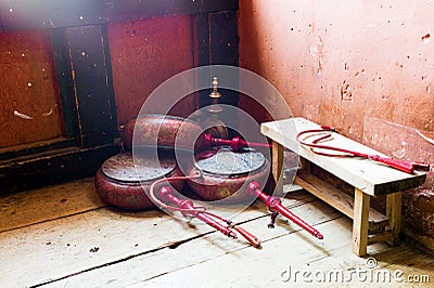 Storage of Ceremonial drum in temple of Bhutan : This double-headed frame drum Stock Photo