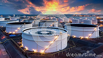 Storage of chemical products like oil, petrol, gas, Aerial view oil storage tank terminal and tanker, petrol industrial zone, Stock Photo