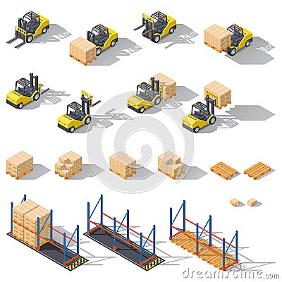 Storage equipment isometric icon set. Presented forklifts in various combinations, warehouse racks, pallets with goods. Vector Illustration
